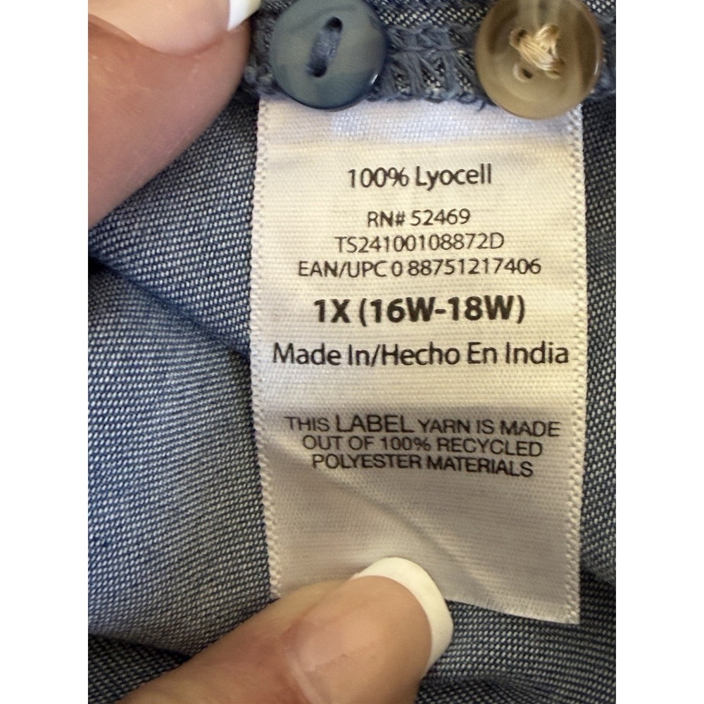 Terra & Sky Chambray Top 1X Lyocell Button Front Sleeveless Blue Casual Everyday - Picture 13 of 13